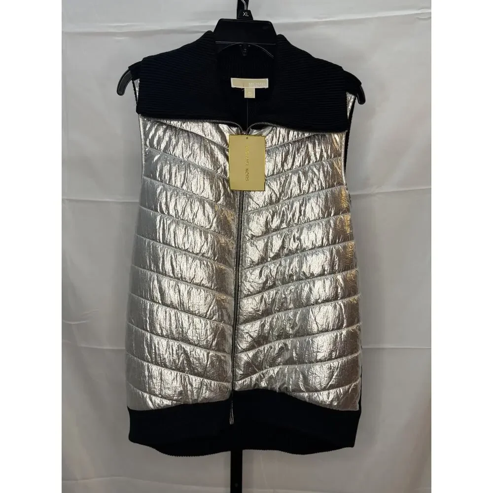 Michael Kors Puffer Vest Sweater Black Silver Foil Metallic Size XL NWT